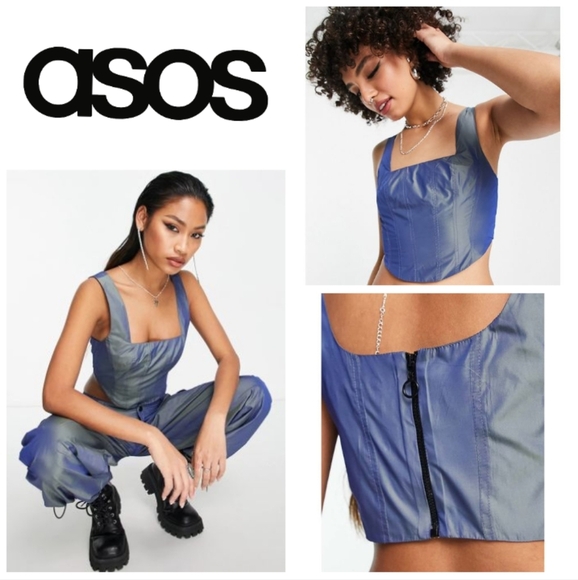 ASOS DESIGN Corset Top In Iridescent Blue Co-Ord. Size 8 - Picture 2 of 16